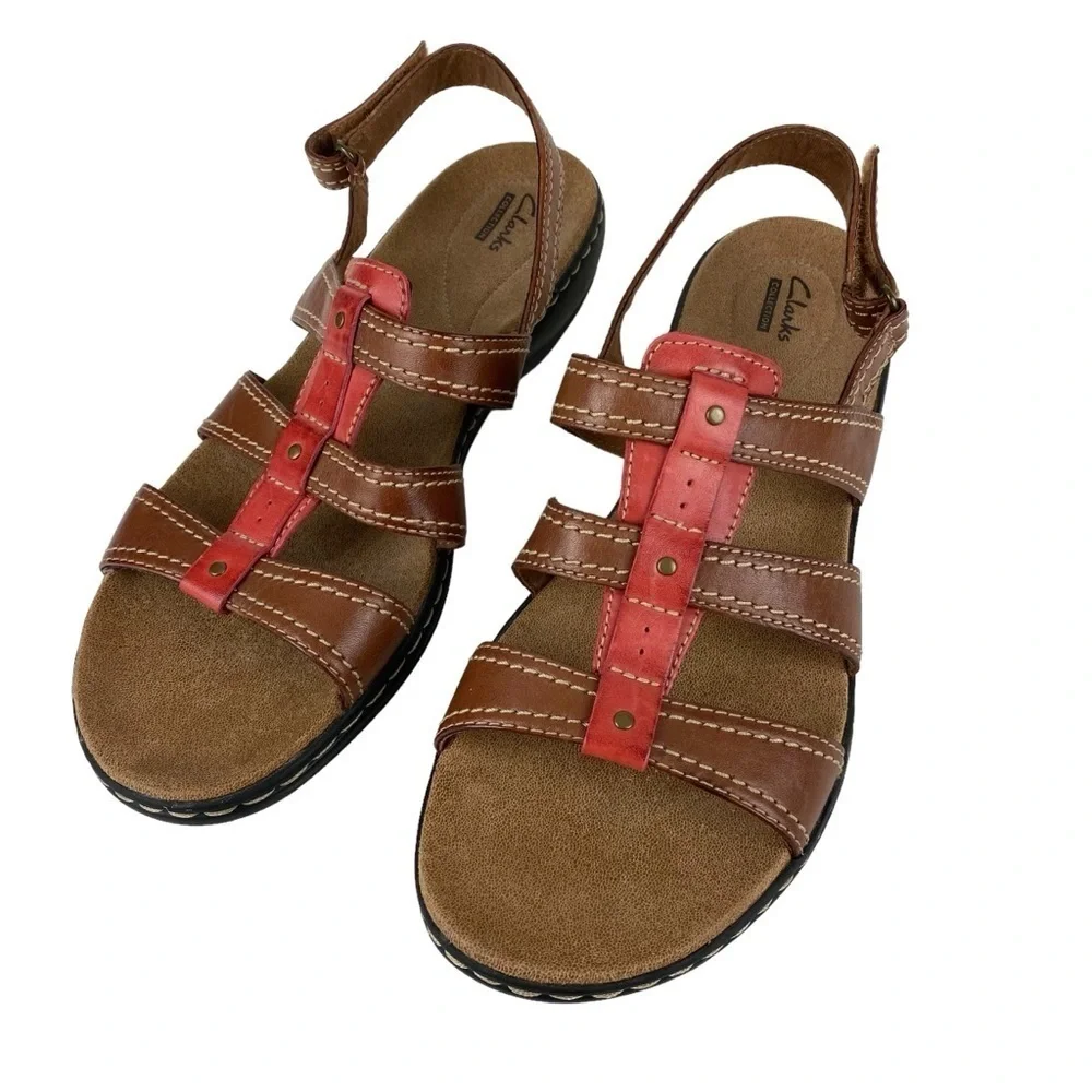 Clarks Brown Leather Sandals Slingback Pink  Women’s Size 12 Hook Loop Adj